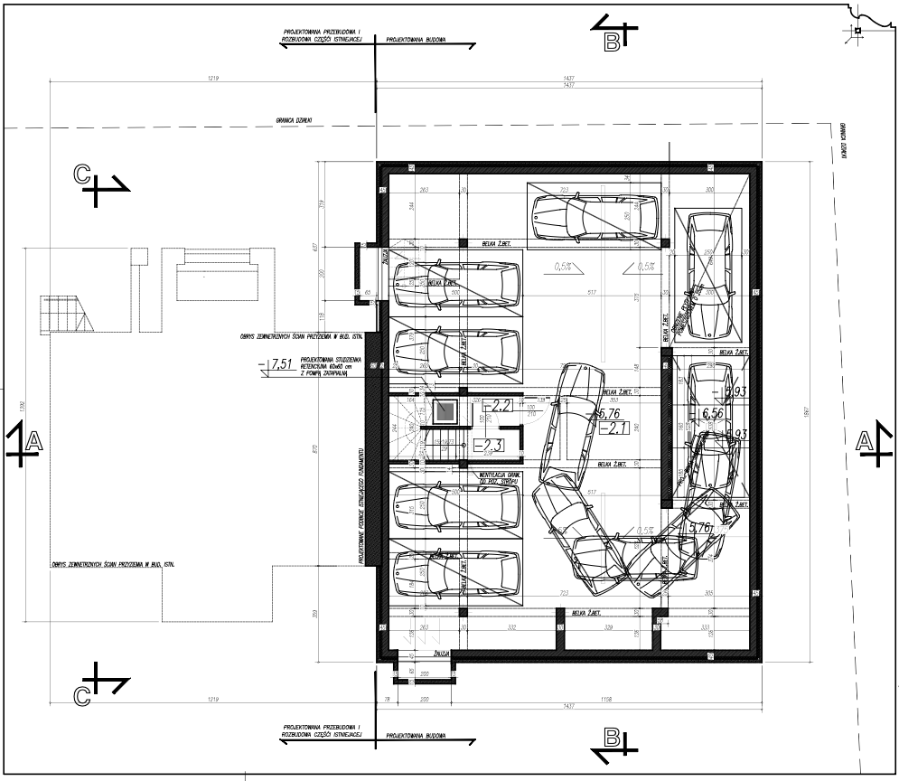 Rzut poziomu minus dwa — parking podziemny